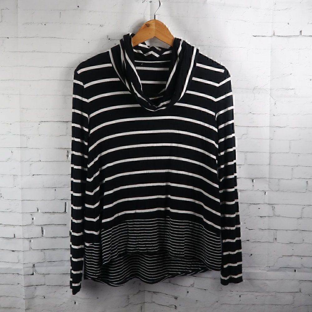 BLACK & WHITE STRIPE LONG SLEEVE COWL NECK SHIRT WITH HI LOW HEM SIZE MEDIUM